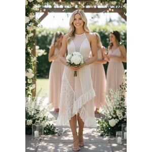 NWT LIKELY DRESS WHITE NUDE LACE BRIDE BRIDAL WEDDING ENGAGEMENT HI LOW MIDI